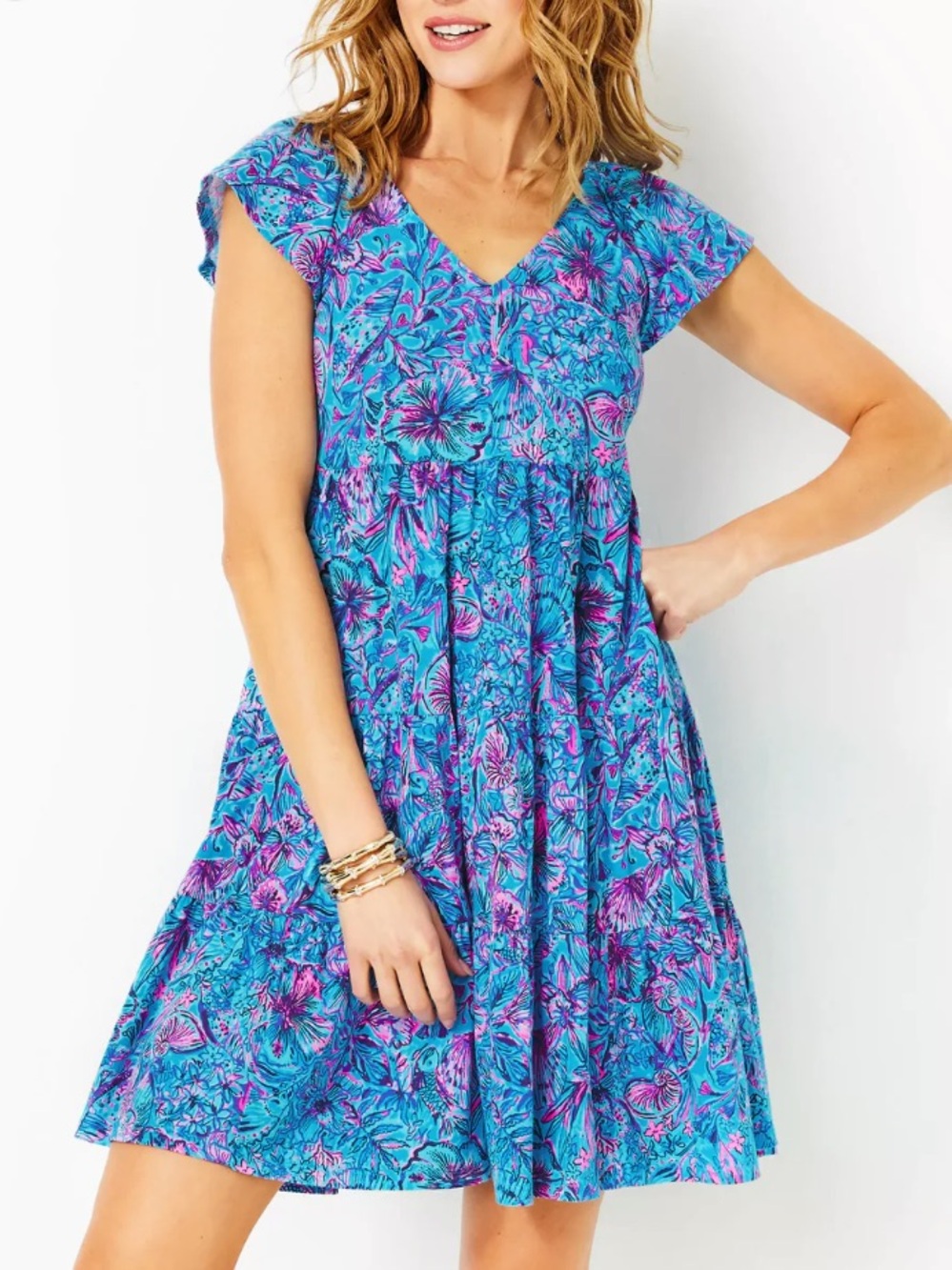 Lilly Pulitzer NWT Cotton Swing Dress Flutter Sleeve Pockets Breakwater Blue XL
